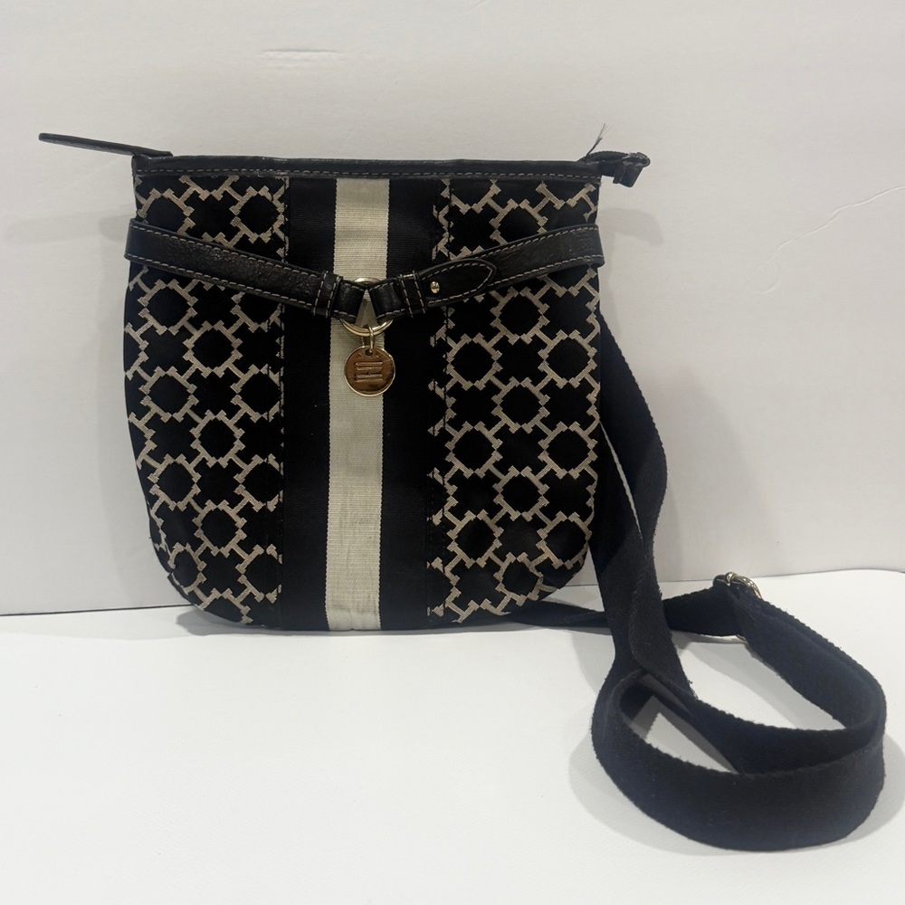 Tommy Hilfiger Black and Tan Patterned Crossbody Bag